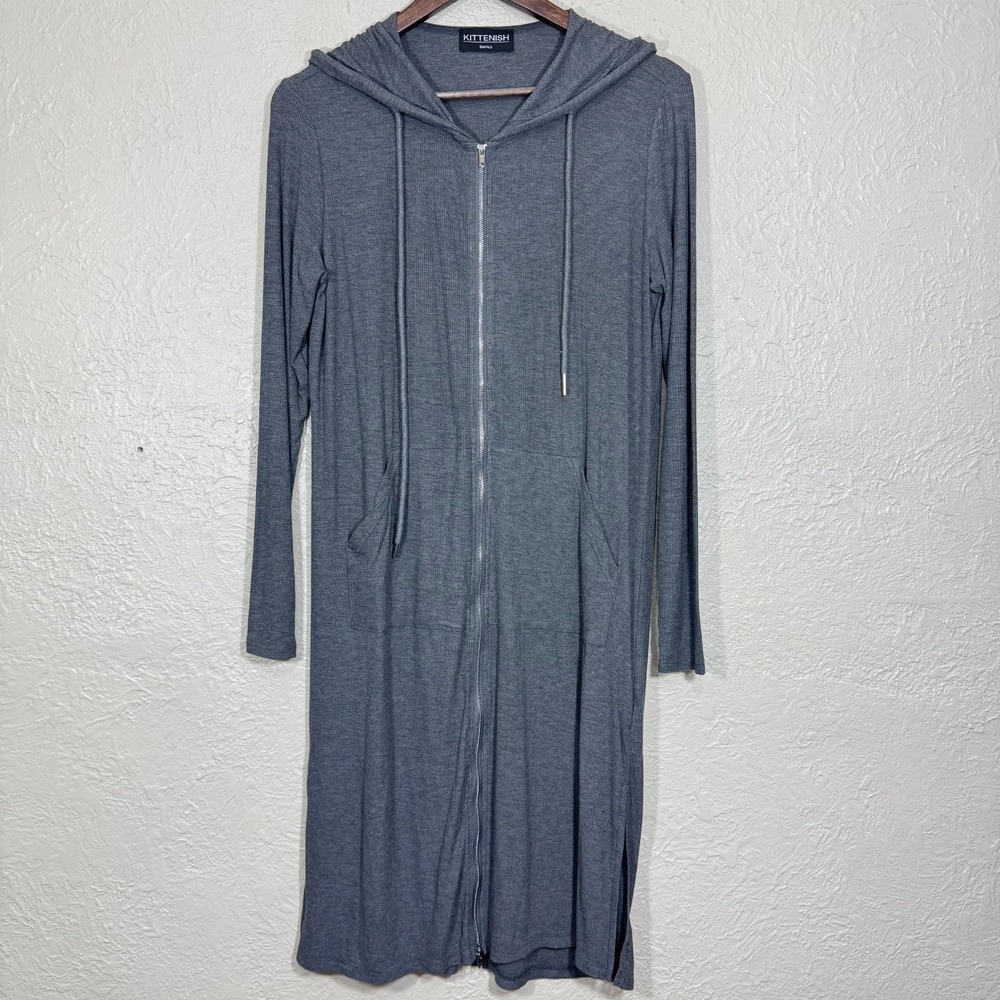 Kittenish Hooded Cardigan Sweater Dress Sm Ribbed Charcoal Stretch Grunge Street